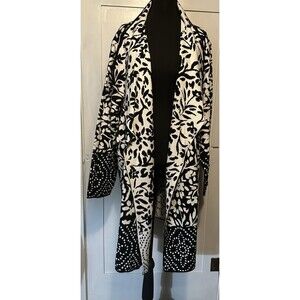Isaac Mizrahi Live Floral Jacquard Cascade Long Open Cardigan Black White Sz 3X